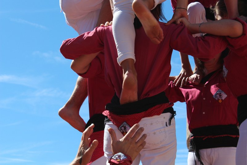 1022-AnnieB-Castelers-214.jpg - Annie-B-Les castellers  «Els Pallagos del Conflent» de Prades : détail de la tour humaine, accrochage des pieds dans la «faixa»